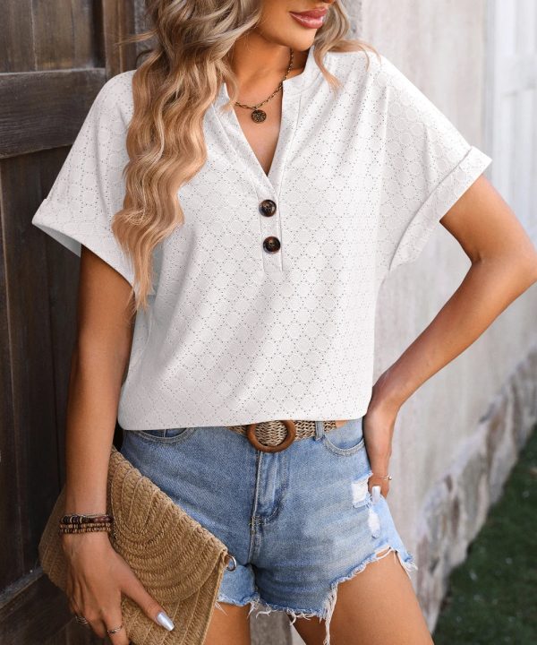 Women V Neck Button Up Casual Eyelet Short Sleeve T-Shirt Summer Top/1-1-1-1-1