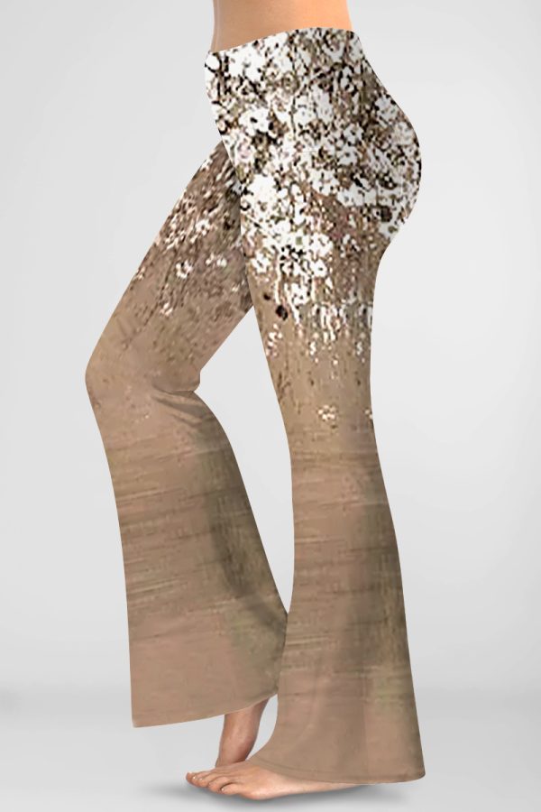 Women'sPlus Size Casual Black Floral Print Hight Waist Bell Bottom Pants