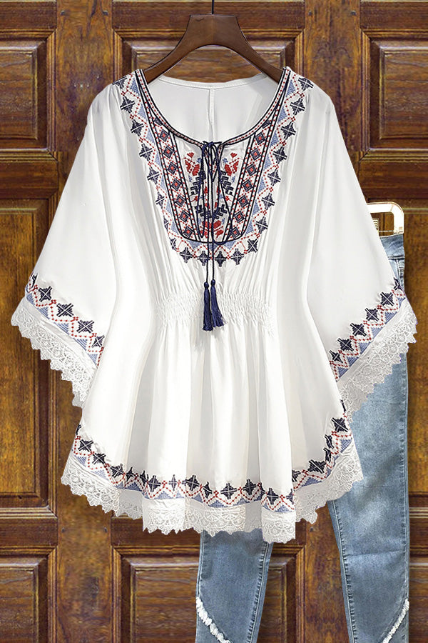 Vintage Print Lace Paneled Tassel Design Top