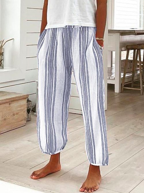 Women's Pants Trousers Faux Linen Blue Fashion Casual Daily Side Pockets Full Length Comfort Striped S M L XL XXL