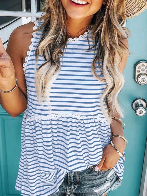 Striped Print Lace Paneled Tank Top
