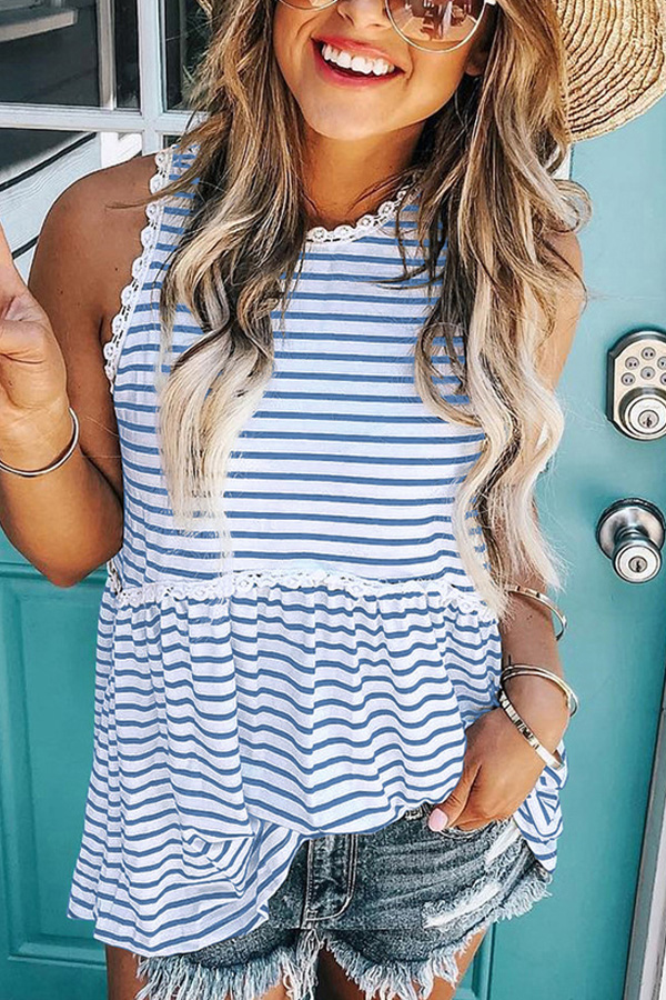 Striped Print Lace Paneled Tank Top