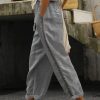 Loose Casual Hollow Out Lace Pockets Drawstring Waist Plain Linen Pants