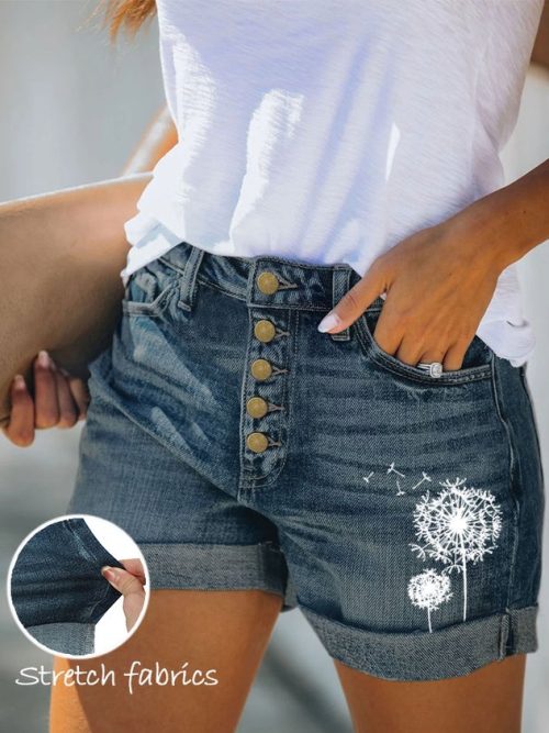 Women's Dandelion Pattern Stretch Jeans Stretchy Folded Hem Hot Short Jeans