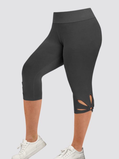 Plus Size Casual Black Cut Out Pleated Cropped Legging