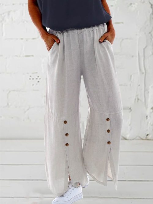 Women Front Slit Buckle Linen Cotton Loose Plain Pants