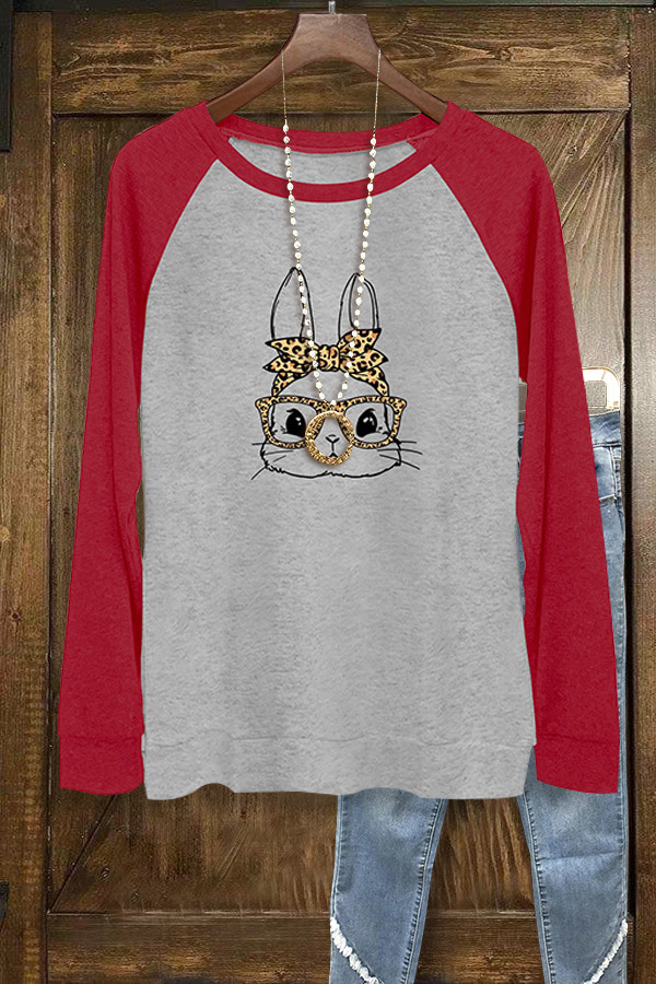Colorblock Leopard Bunny Print Long Sleeve Top