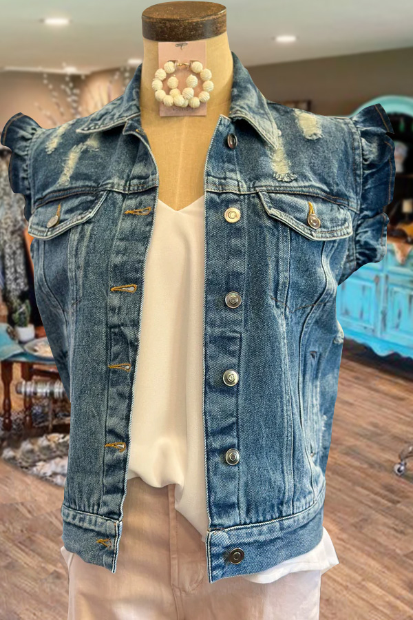 Casual Ruffle Sleeve Cut Out Denim Jacket