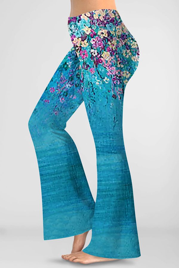 Women'sPlus Size Casual Black Floral Print Hight Waist Bell Bottom Pants