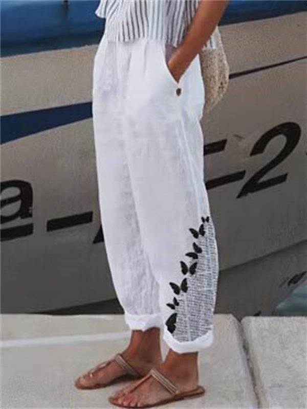 Women's Wide Leg Pants Trousers Faux Linen Black White Red Casual Holiday Weekend Side Pockets Full Length Comfort Floral S M L XL XXL