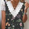 Women's Short Sleeve V Neck Lace Floral Printed Fashion Casual Top