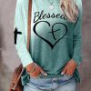 Colorblock Letter Cross Print Casual Top