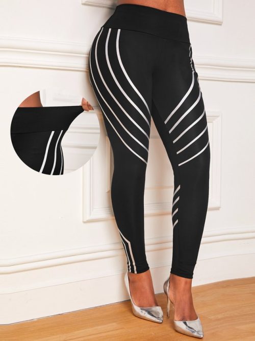 Tight Casual Color Block Geometric Print Black High Waisted Leggings