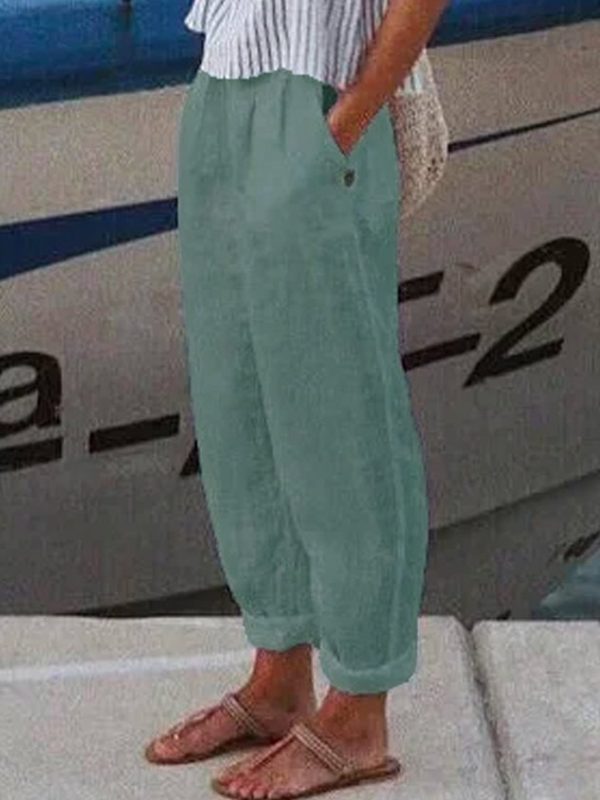 Vacation Casual Loosen Cotton Linen Solid Pants