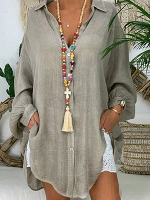 Solid Color Button Long Sleeve Loose Casual Shirt Women's Top