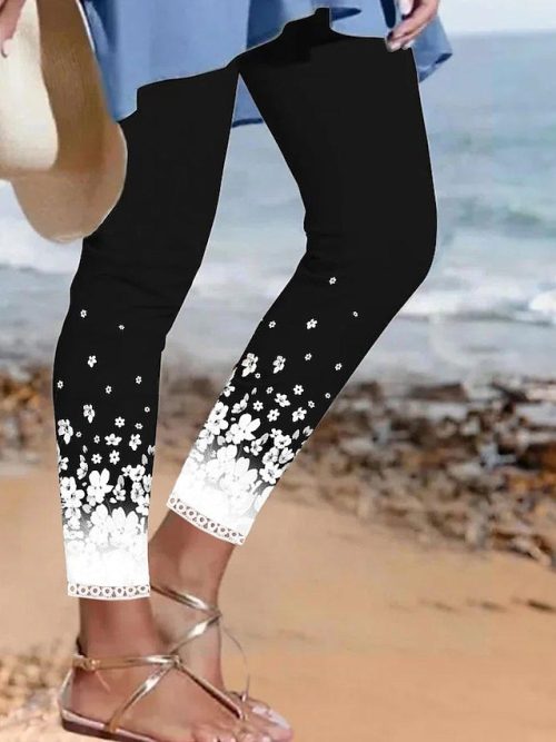 Women's Tights Leggings Black Fashion Casual Weekend Ankle-Length Comfort Floral S M L XL 2XL