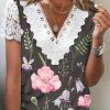 Women's Short Sleeve V Neck Lace Floral Printed Fashion Casual Top