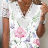 Women's Short Sleeve V Neck Lace Floral Printed Fashion Casual Top