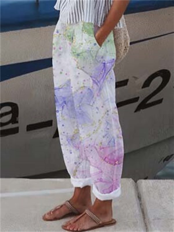 Women's Wide Leg Pants Trousers Faux Linen White Light Green Pink Casual Holiday Weekend Side Pockets Full Length Comfort Floral S M L XL XXL