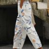 Women's Pants Trousers Faux Linen White Blue Green Casual Holiday Weekend Side Pockets Full Length Comfort Floral S M L XL XXL