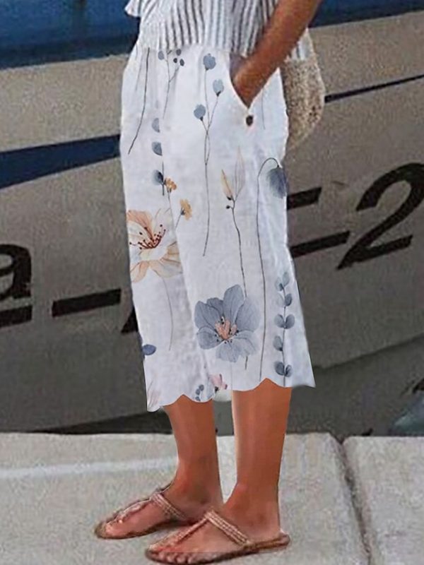 Women's Wide Leg Pants Trousers Faux Linen White Fashion Holiday Weekend Side Pockets Wide Leg Calf-Length Comfort Floral S M L XL 2XL