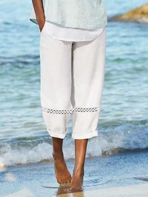 Women's Linen Pants Capri shorts Faux Linen White Casual Holiday Weekend Side Pockets Cut Out Calf-Length Comfort Solid Colored S M L XL XXL