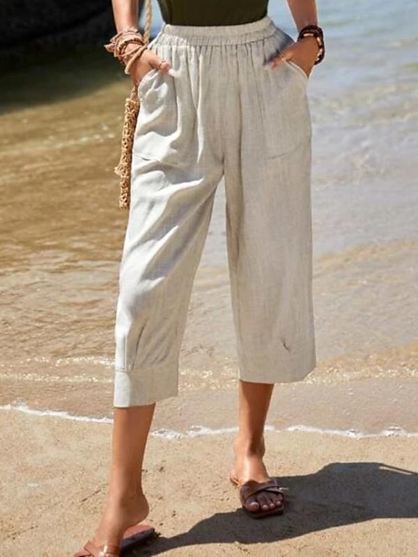 Women's Pants Trousers Faux Linen Khaki Fashion Casual Weekend Side Pockets Wide Leg Calf-Length Comfort Plain S M L XL 2XL