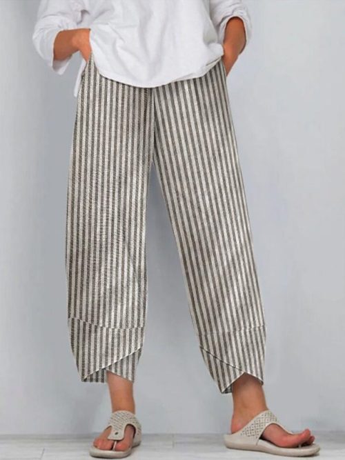 Women's Pants Trousers Faux Linen Black Fashion Casual Daily Side Pockets Ankle-Length Comfort Striped S M L XL 2XL