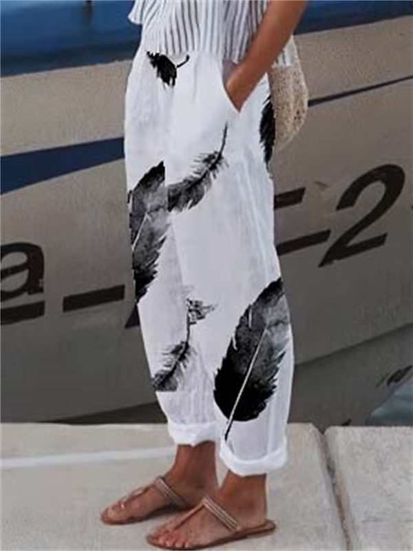 Women's Wide Leg Pants Trousers Faux Linen Black White Red Casual Holiday Weekend Side Pockets Full Length Comfort Floral S M L XL XXL