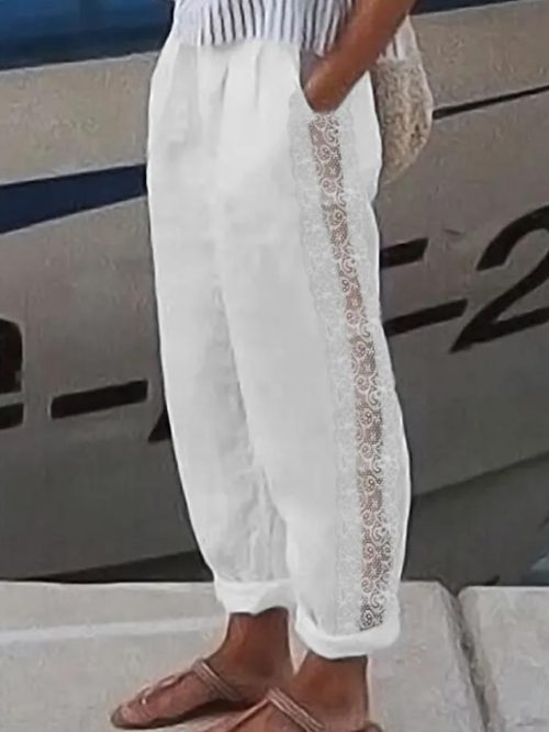 Women's Wide Leg Linen Pants Pants Trousers Faux Linen White Fashion Casual Weekend Lace Side Pockets Full Length Comfort Plain S M L XL 2XL