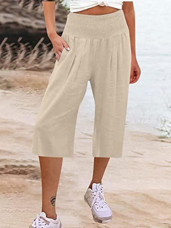 Women's Wide Leg Pants Trousers Capri shorts Cotton And Linen Black White Navy Blue Fashion Casual Daily Side Pockets Baggy Calf-Length Comfort Plain S M L XL 2XL
