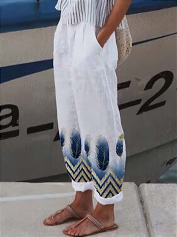 Women's Pants Trousers Faux Linen Black White Yellow Fashion Casual Weekend Side Pockets Full Length Comfort Geometric S M L XL XXL