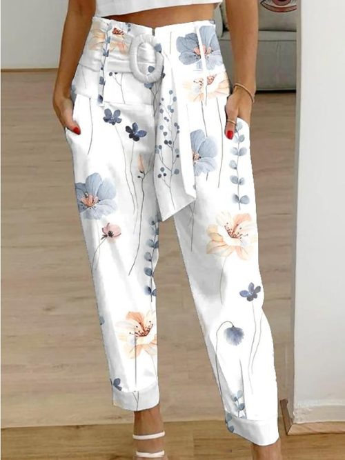 Women's Pants Trousers White Yellow Gray Casual Holiday Weekend Side Pockets Print Micro-elastic Full Length Comfort Floral S M L XL 2XL