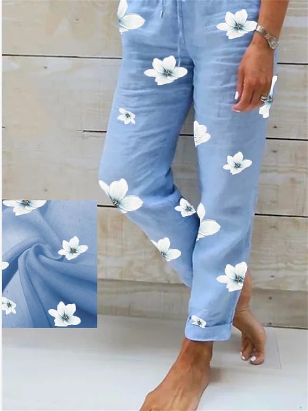 Women's Pants Trousers Faux Linen Blue Fashion Holiday Weekend Side Pockets Full Length Comfort Floral S M L XL XXL