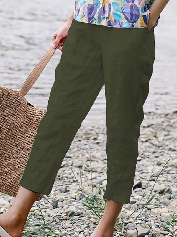 Women's Pants Trousers Faux Linen Black White Army Green Fashion Casual Daily Side Pockets Ankle-Length Comfort Plain S M L XL 2XL