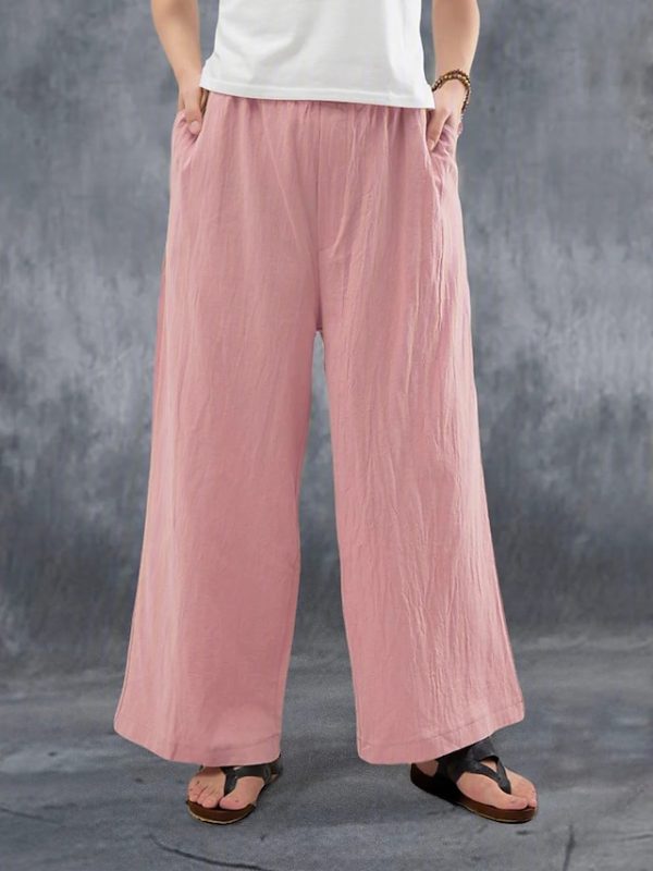 Women's Wide Leg Pants Trousers Faux Linen White Pink Blue Fashion Casual Weekend Side Pockets Wide Leg Full Length Comfort Plain S M L XL 2XL