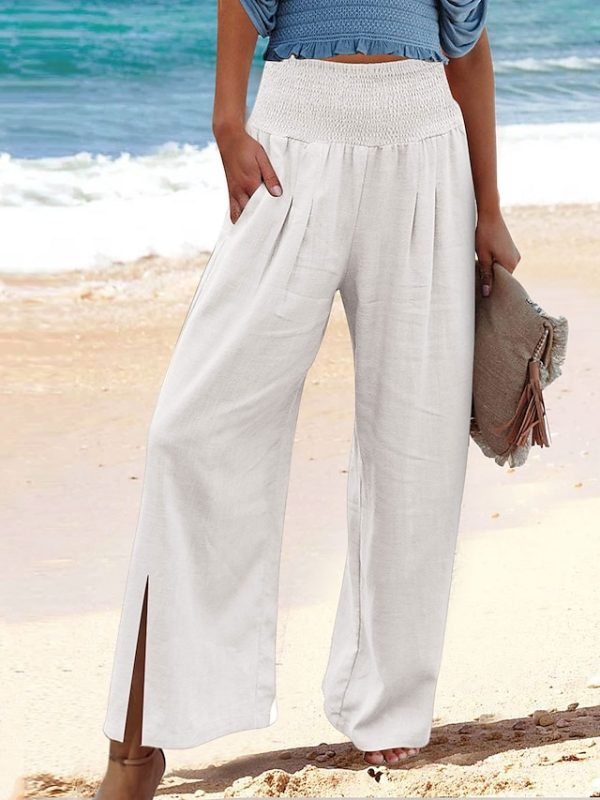 Women's Wide Leg Pants Trousers Faux Linen Black White Apricot Fashion Casual Daily Side Pockets Wide Leg Full Length Comfort Plain S M L XL 2XL