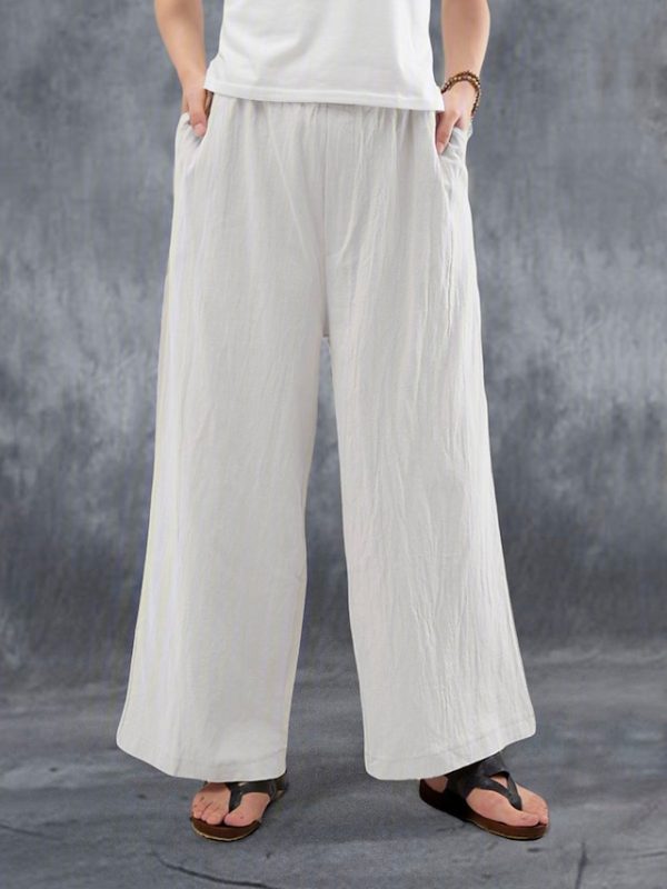 Women's Wide Leg Pants Trousers Faux Linen White Pink Blue Fashion Casual Weekend Side Pockets Wide Leg Full Length Comfort Plain S M L XL 2XL