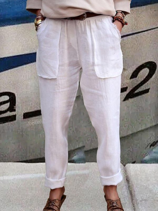 Women's Pants Trousers Straight Faux Linen White Fashion Basic Daily Vacation Side Pockets High Cut Calf-Length Comfort Plain S M L XL 2XL