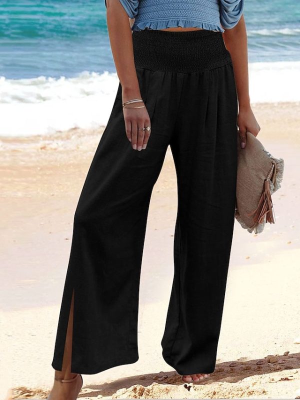 Women's Wide Leg Pants Trousers Faux Linen Black White Apricot Fashion Casual Daily Side Pockets Wide Leg Full Length Comfort Plain S M L XL 2XL