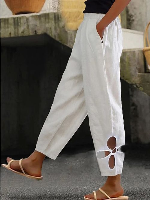 Women's Pants Trousers Faux Linen White Yellow Blue Fashion Casual Weekend Side Pockets Full Length Comfort Plain S M L XL 2XL