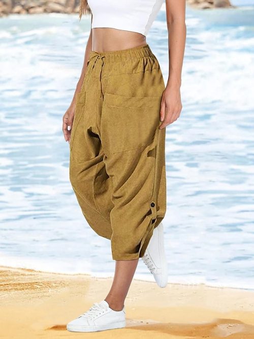 Women's Pants Trousers Cotton Black Yellow Army Green Casual Holiday Weekend Pocket Calf-Length Comfort Plain S M L XL 2XL