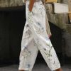 Women's Pants Trousers Faux Linen White Blue Green Casual Holiday Weekend Side Pockets Full Length Comfort Floral S M L XL XXL