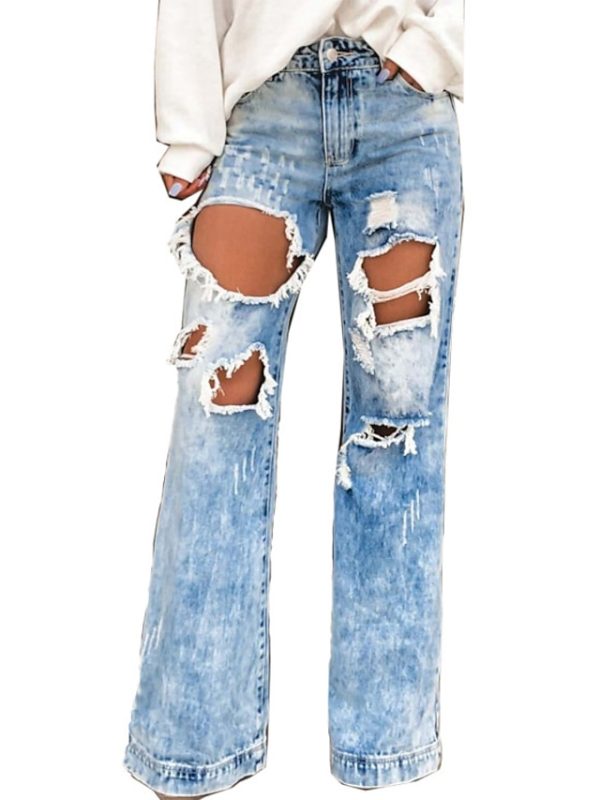 Women's Jeans Wide Leg Distressed Jeans Denim Blue Fashion Casual Weekend Wide Leg Cut Out Micro-elastic Full Length Comfort Plain S M L XL