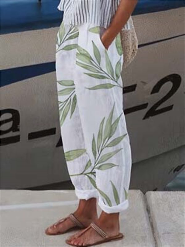 Women's Pants Trousers Faux Linen White Green Gray Casual Holiday Weekend Side Pockets Full Length Comfort Floral S M L XL XXL
