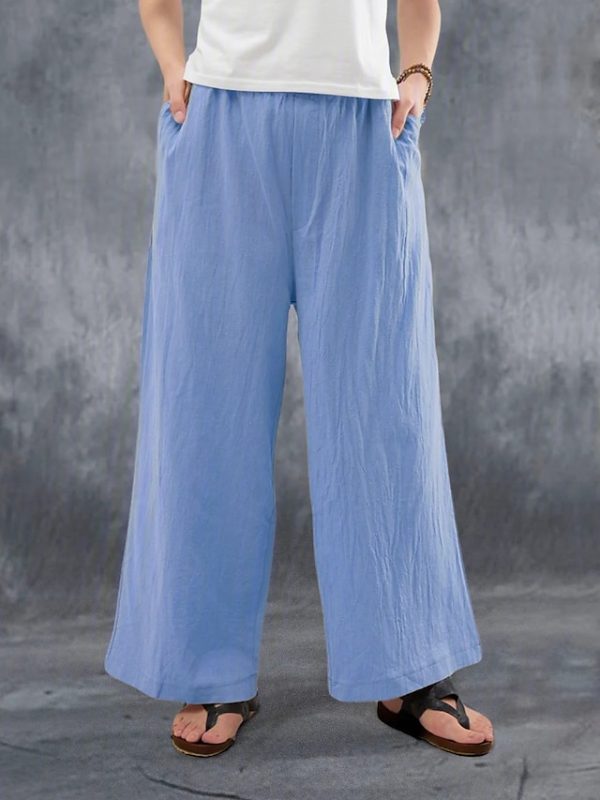 Women's Wide Leg Pants Trousers Faux Linen White Pink Blue Fashion Casual Weekend Side Pockets Wide Leg Full Length Comfort Plain S M L XL 2XL